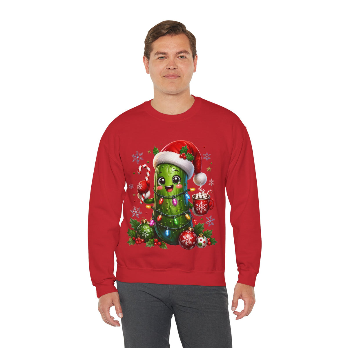MD - Christmas Pickle Sweatshirt – Cute Holiday Pickle in Santa Hat with Candy Cane & Hot Cocoa