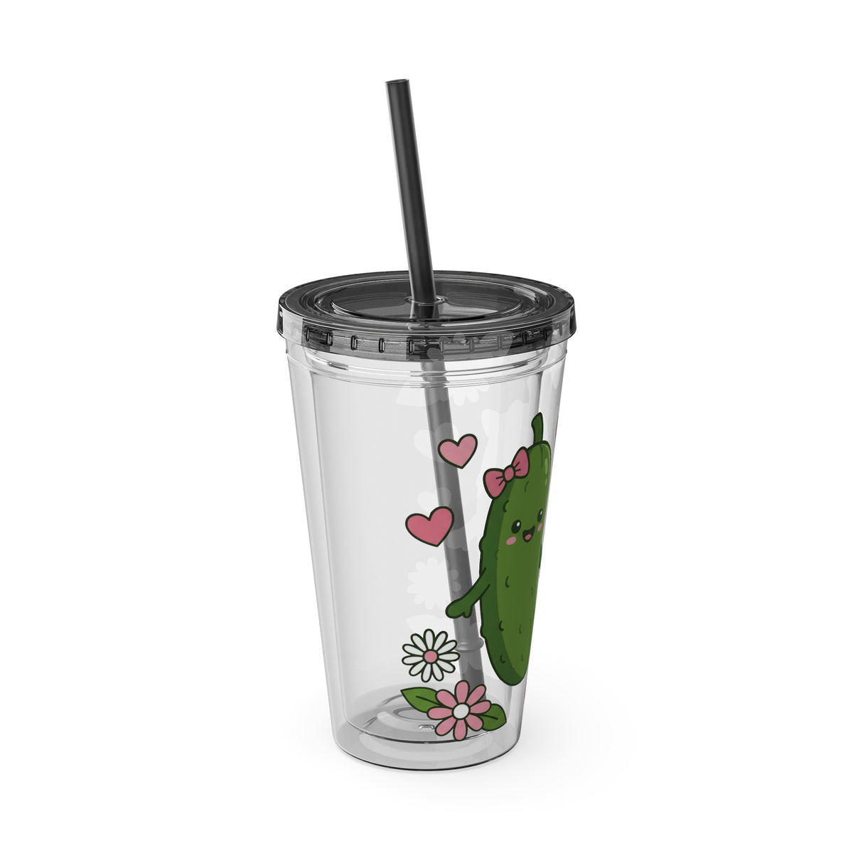 Front Design - Cute Pickle Couple Tumbler — 16oz Acrylic Cup with Straw, Kawaii Hearts & Flowers