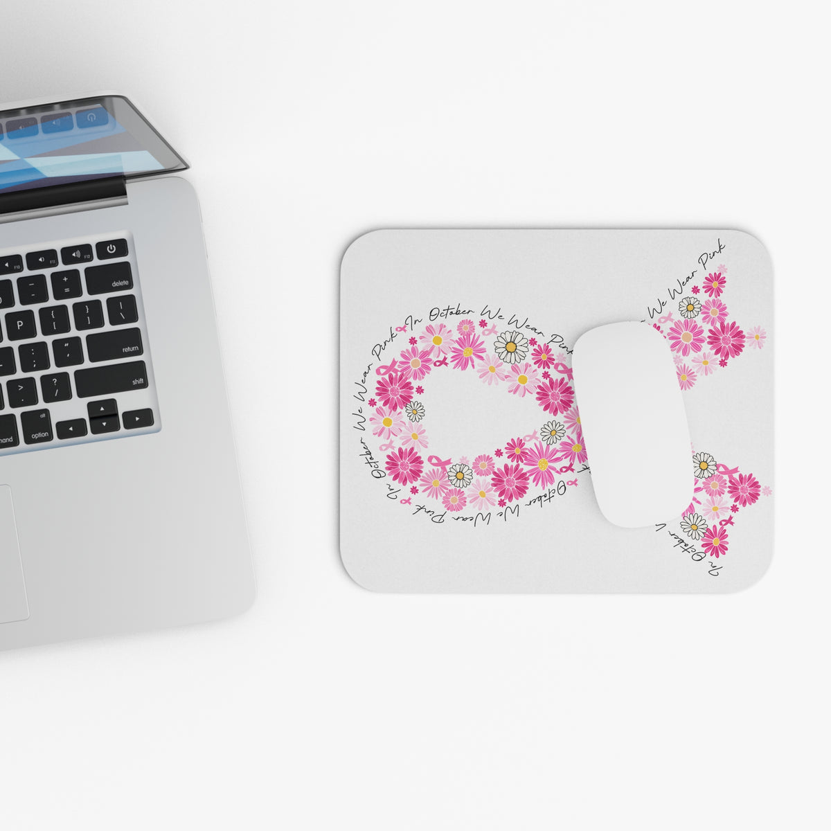 Pink Floral Awareness Ribbon Mouse Pad — Breast Cancer Support Desk Mat