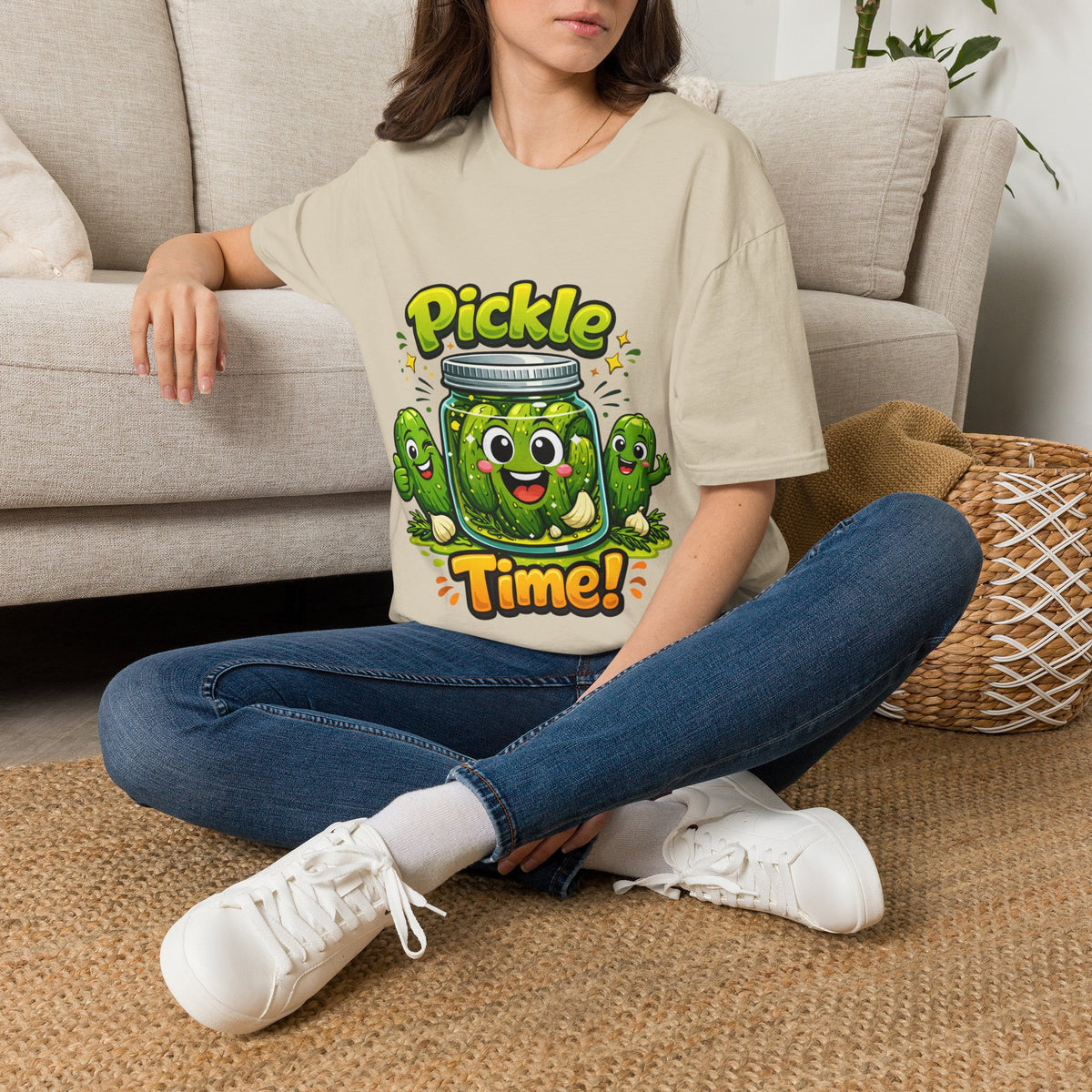 MD - Pickle Time T-Shirt — Cute Cartoon Pickle Jar Graphic Tee