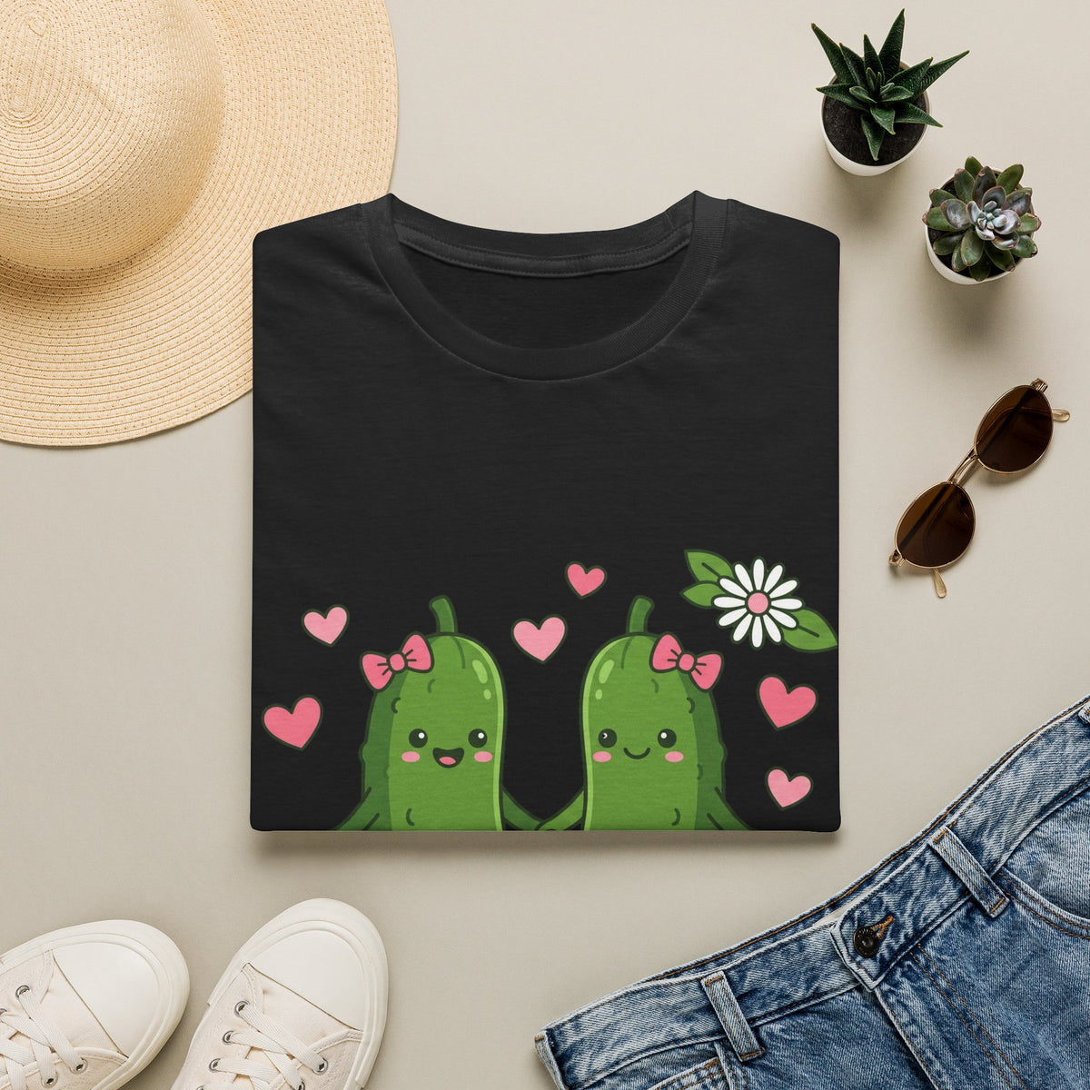 Cute Pickle Couple T-Shirt — Kawaii Matching Pickles with Hearts & Flowers