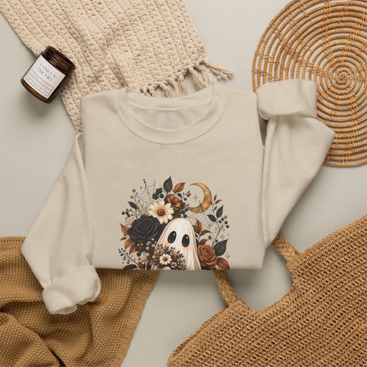 Ghost & Sunflower Crewneck Sweatshirt — Spooky Autumn Floral Pullover