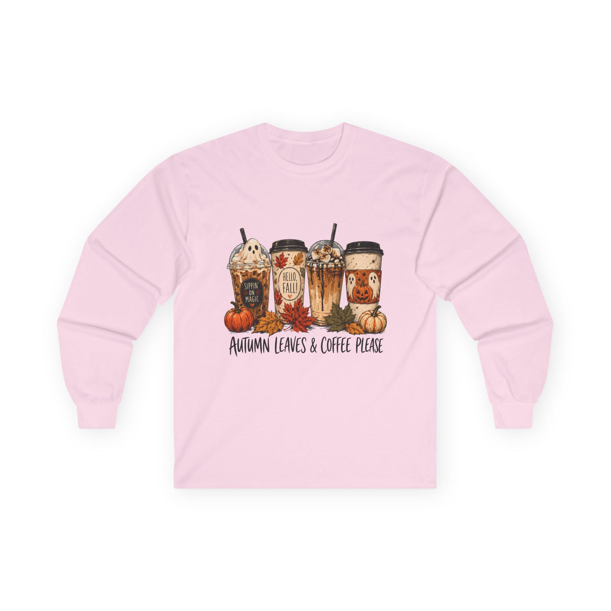 Autumn Leaves & Coffee People Long Sleeve Tee — Cozy Fall Coffee Graphic Shirt