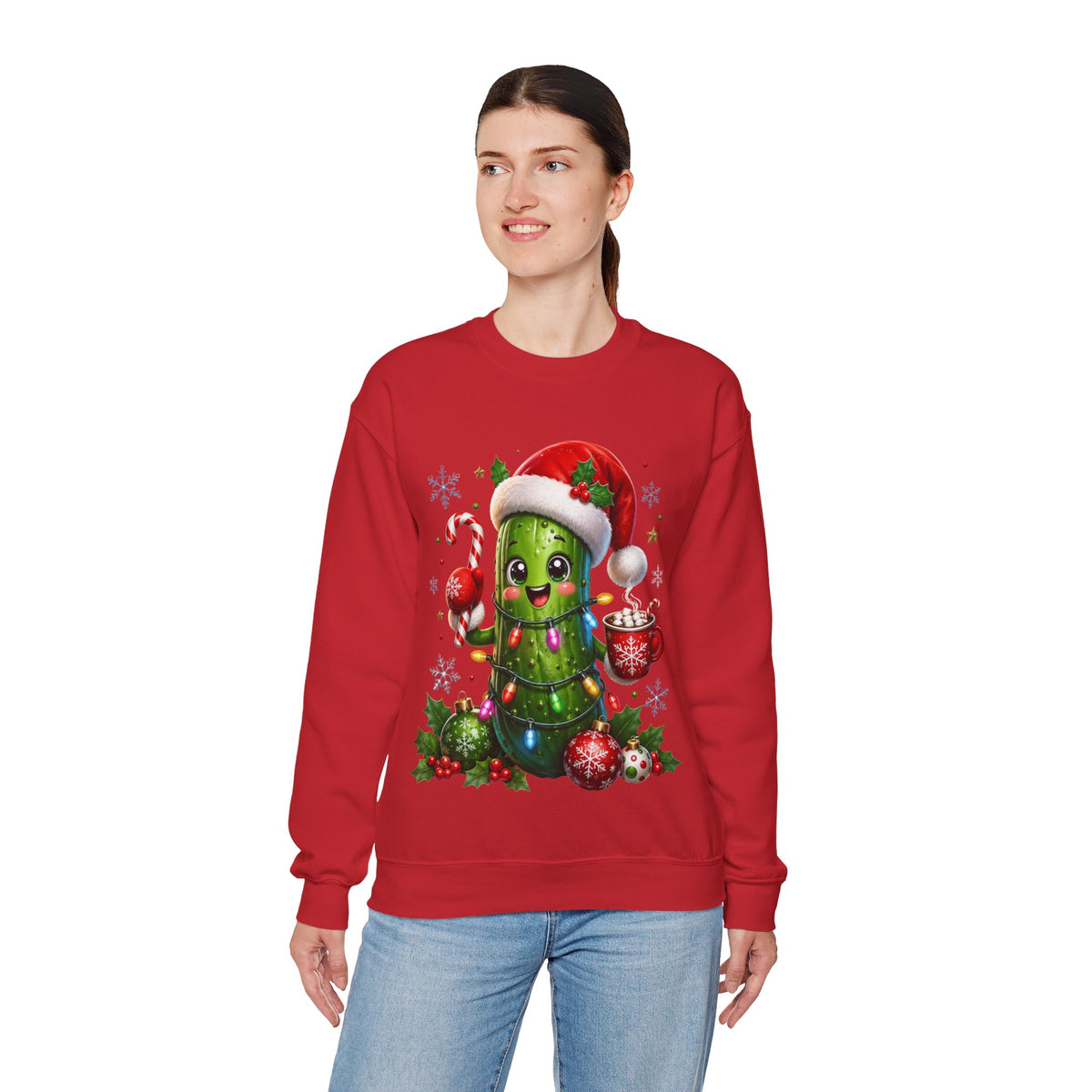 MD - Christmas Pickle Sweatshirt – Cute Holiday Pickle in Santa Hat with Candy Cane & Hot Cocoa