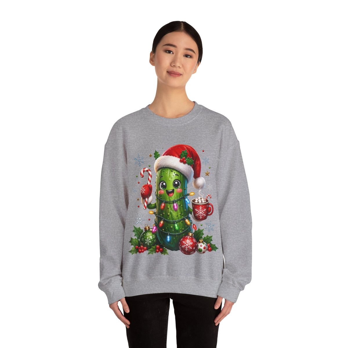 MD - Christmas Pickle Sweatshirt – Cute Holiday Pickle in Santa Hat with Candy Cane & Hot Cocoa