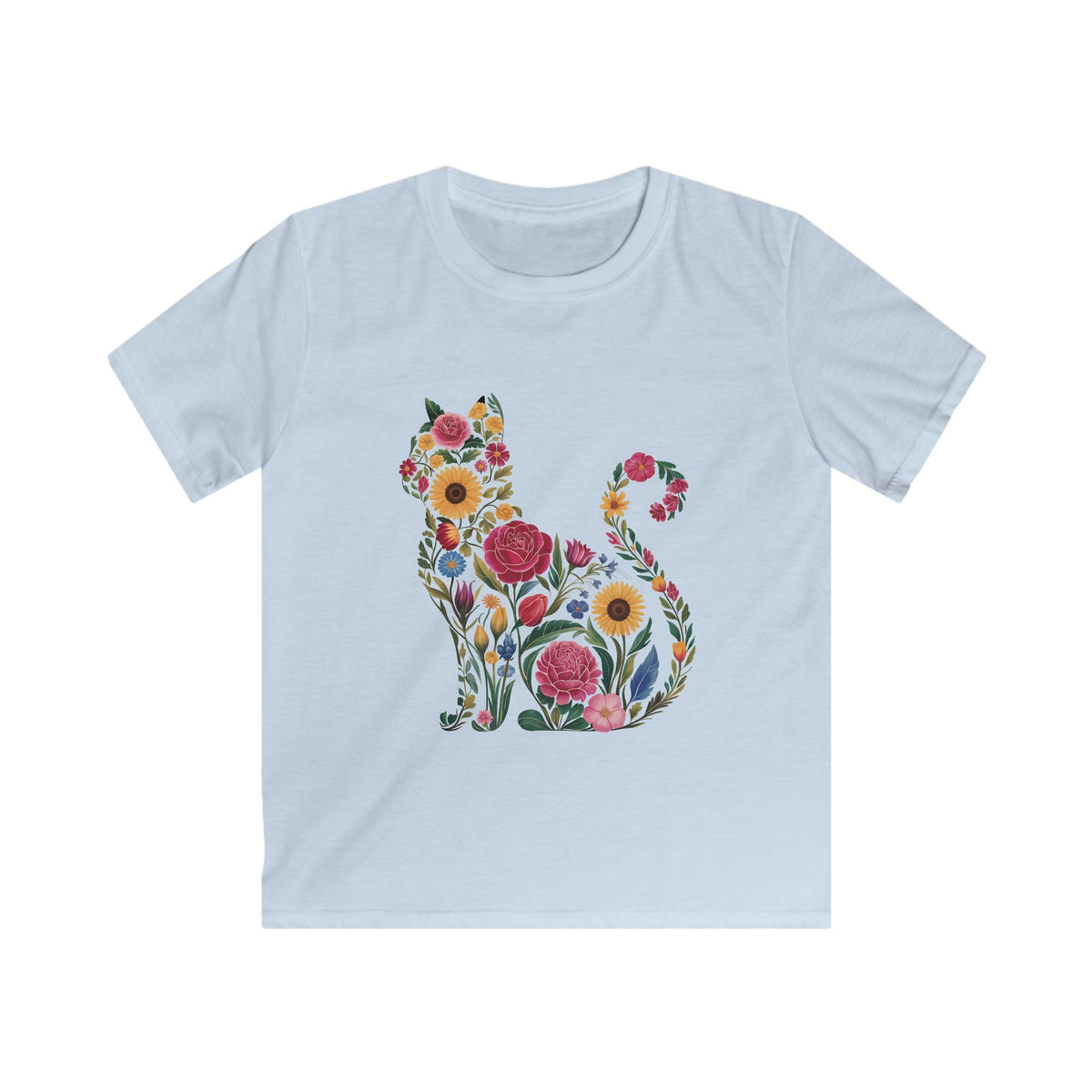 Kids Tee - Cute Botanical Floral Kitten Tee for Girls & Boys