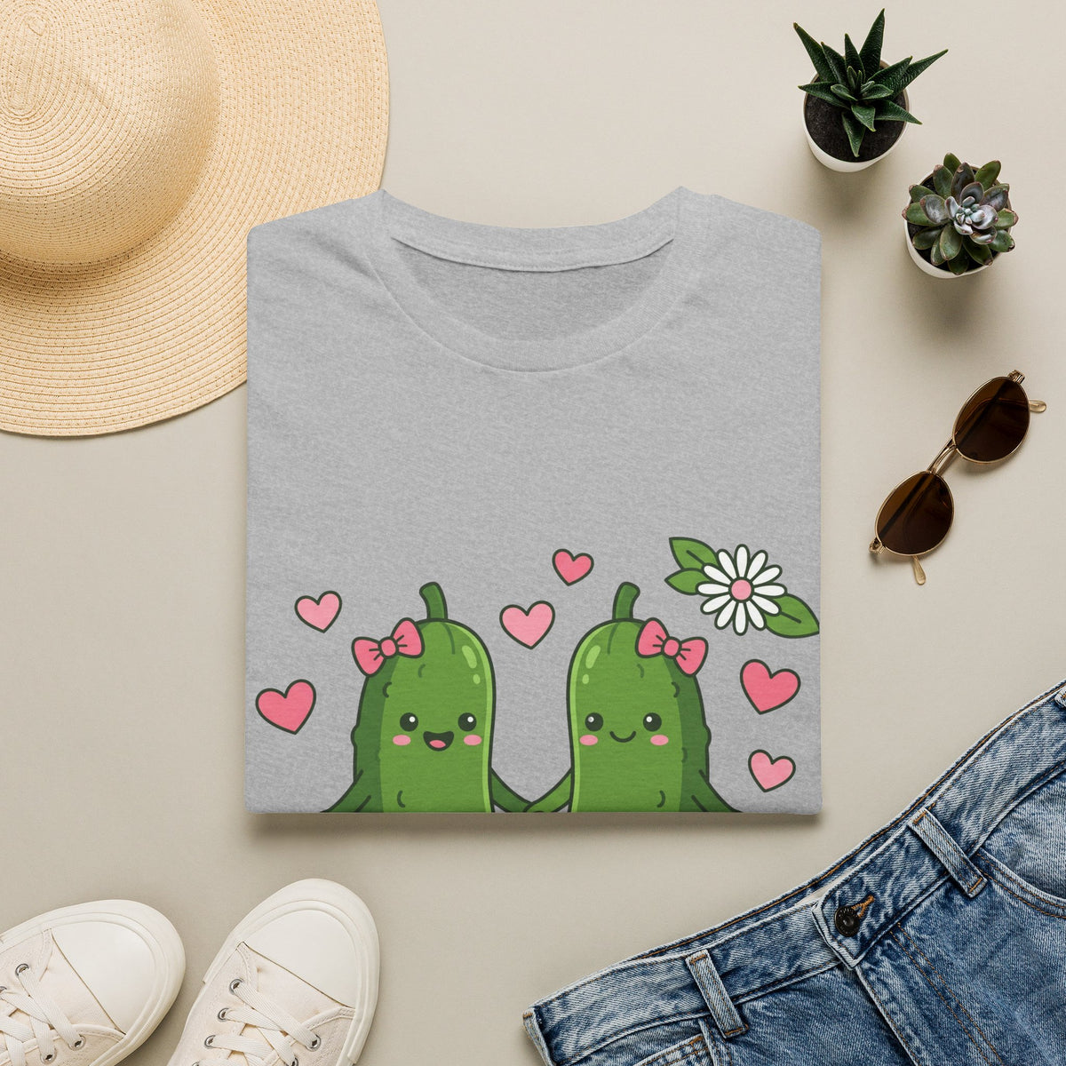 Cute Pickle Couple T-Shirt — Kawaii Matching Pickles with Hearts & Flowers