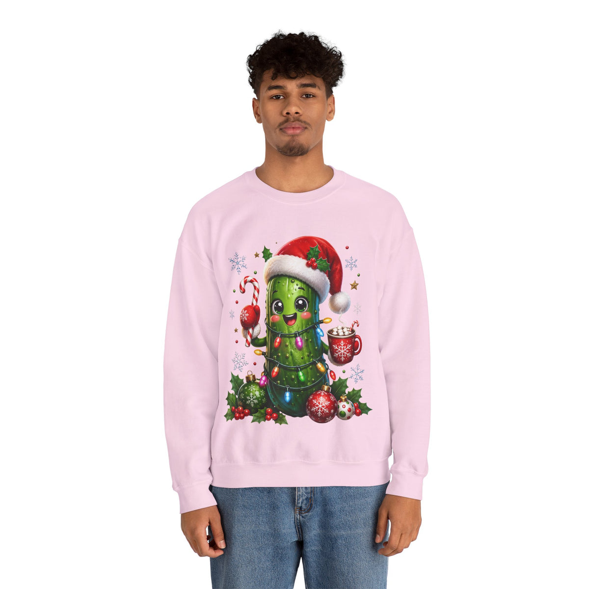 MD - Christmas Pickle Sweatshirt – Cute Holiday Pickle in Santa Hat with Candy Cane & Hot Cocoa