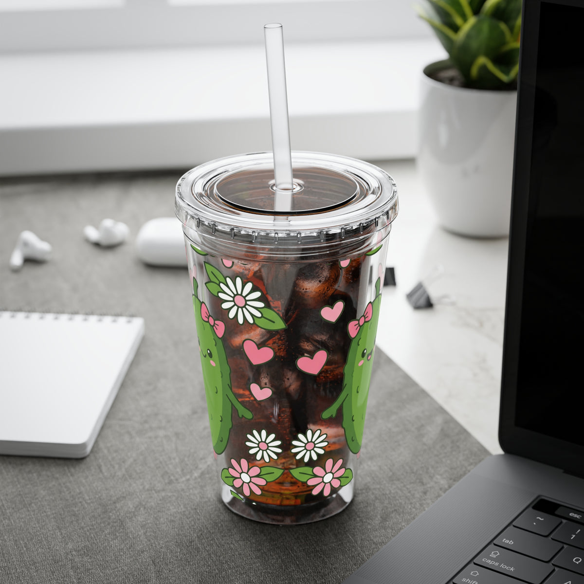 Full Wrap - Cute Pickle Love 16oz Tumbler with Straw — Floral Heart Kawaii Drink Cup