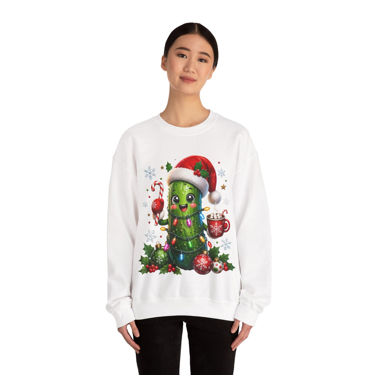 MD - Christmas Pickle Sweatshirt – Cute Holiday Pickle in Santa Hat with Candy Cane & Hot Cocoa