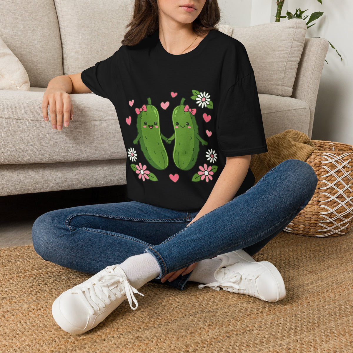 Cute Pickle Couple T-Shirt — Kawaii Matching Pickles with Hearts & Flowers