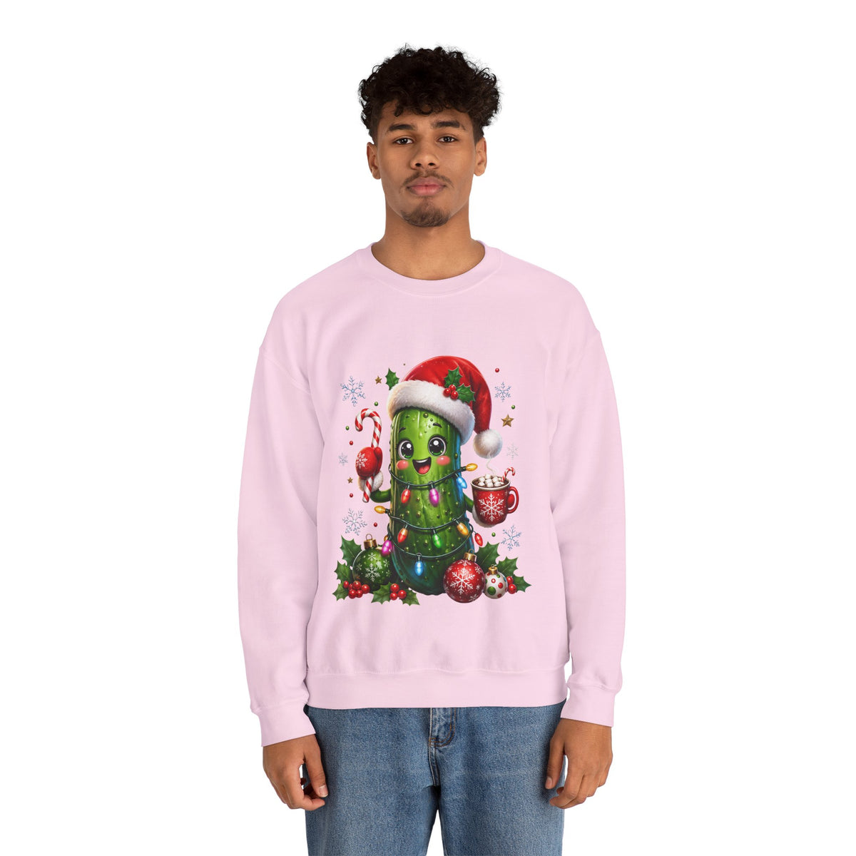 Christmas Pickle Sweatshirt – Cute Santa Hat Pickle with Candy Cane & Hot Cocoa
