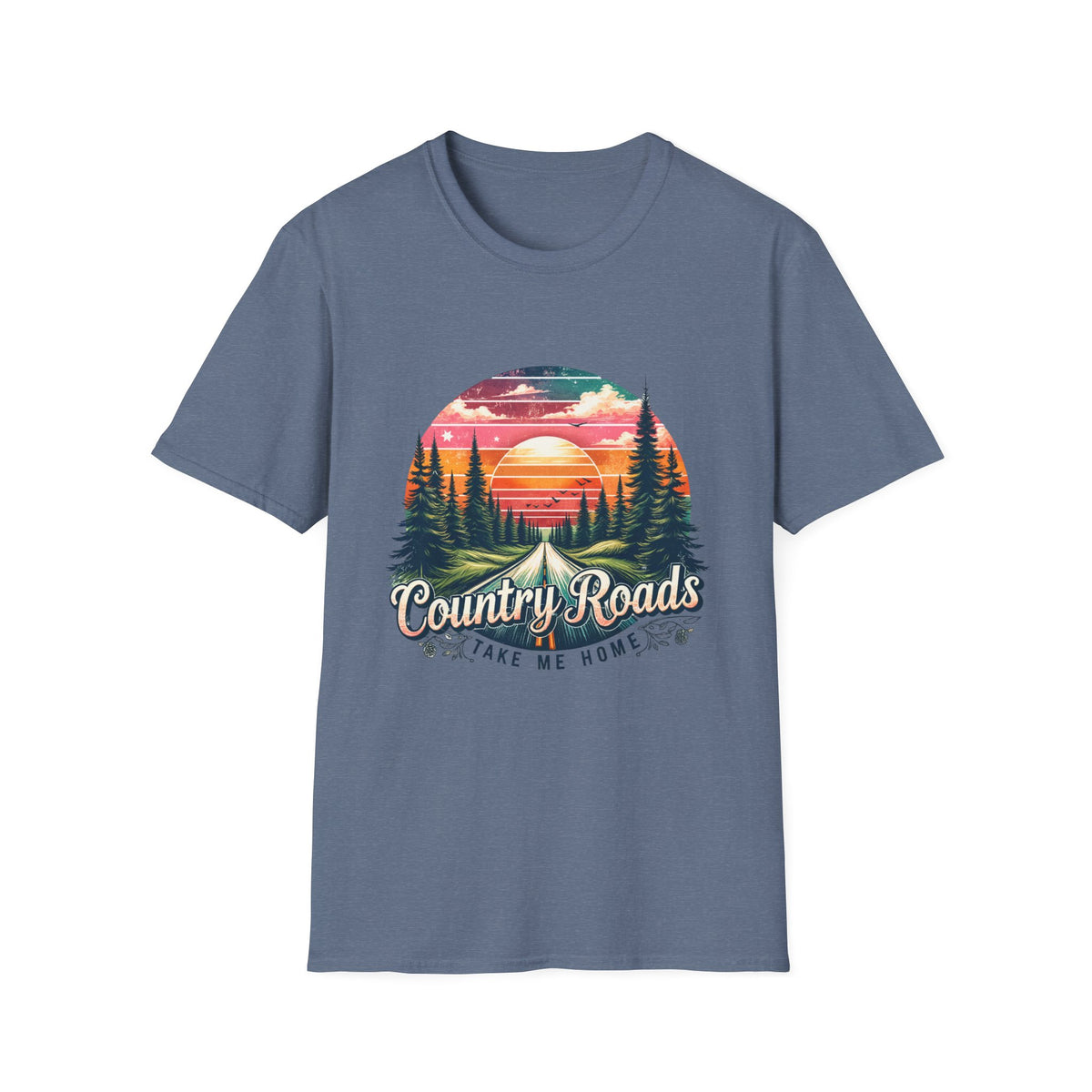 Country Roads Sunset T-Shirt — 'Country Roads Take Me Home' Retro Nature Tee