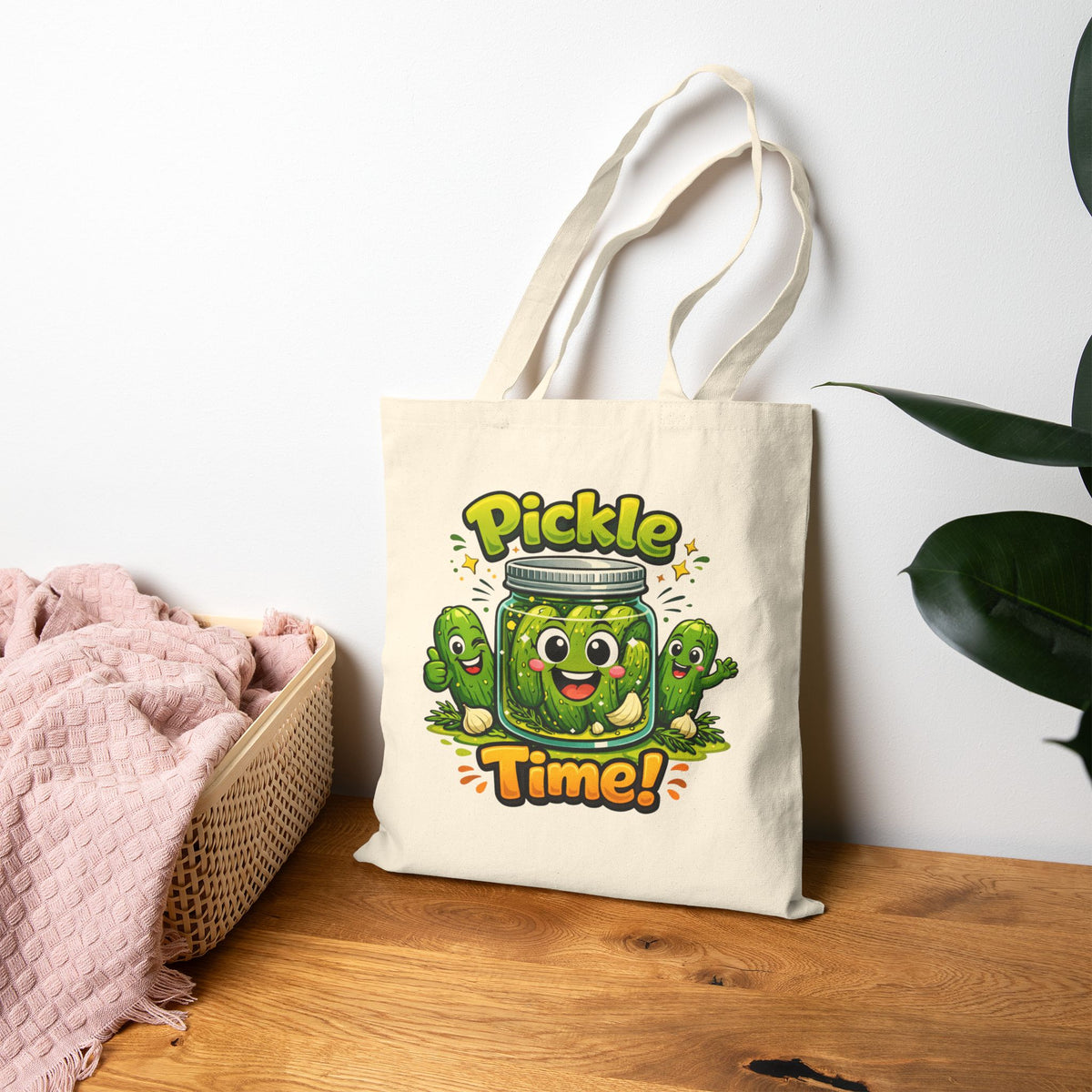 Tote Bag — Cute 'Pickle Time!' Cartoon Jar Canvas Tote (Funny Food Lover Gift)