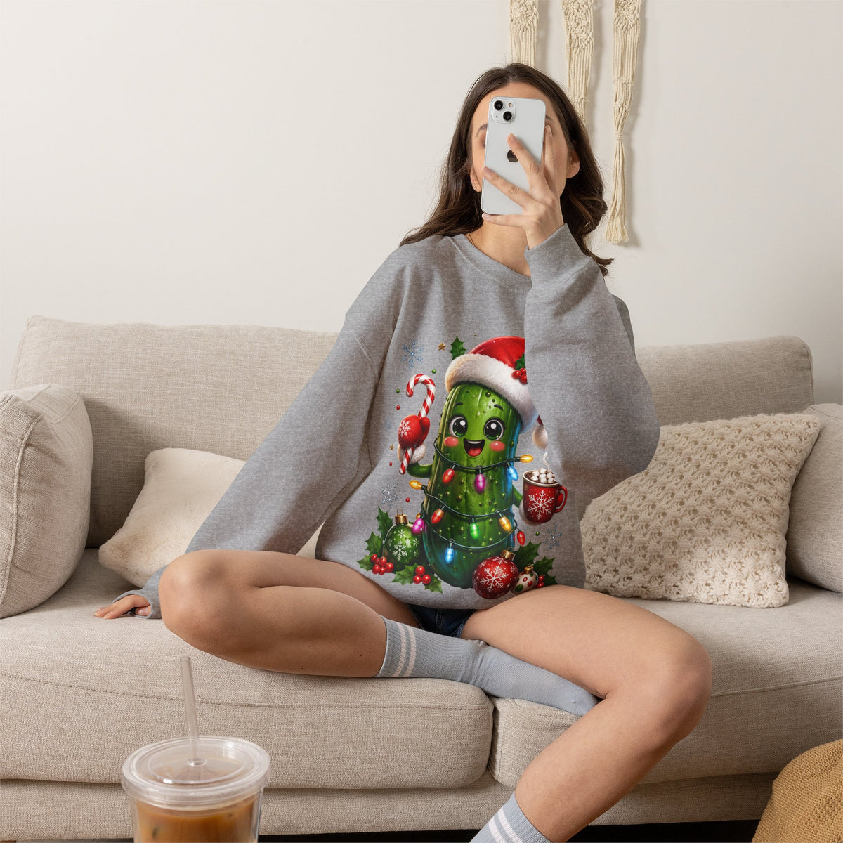 MD - Christmas Pickle Sweatshirt – Cute Holiday Pickle in Santa Hat with Candy Cane & Hot Cocoa