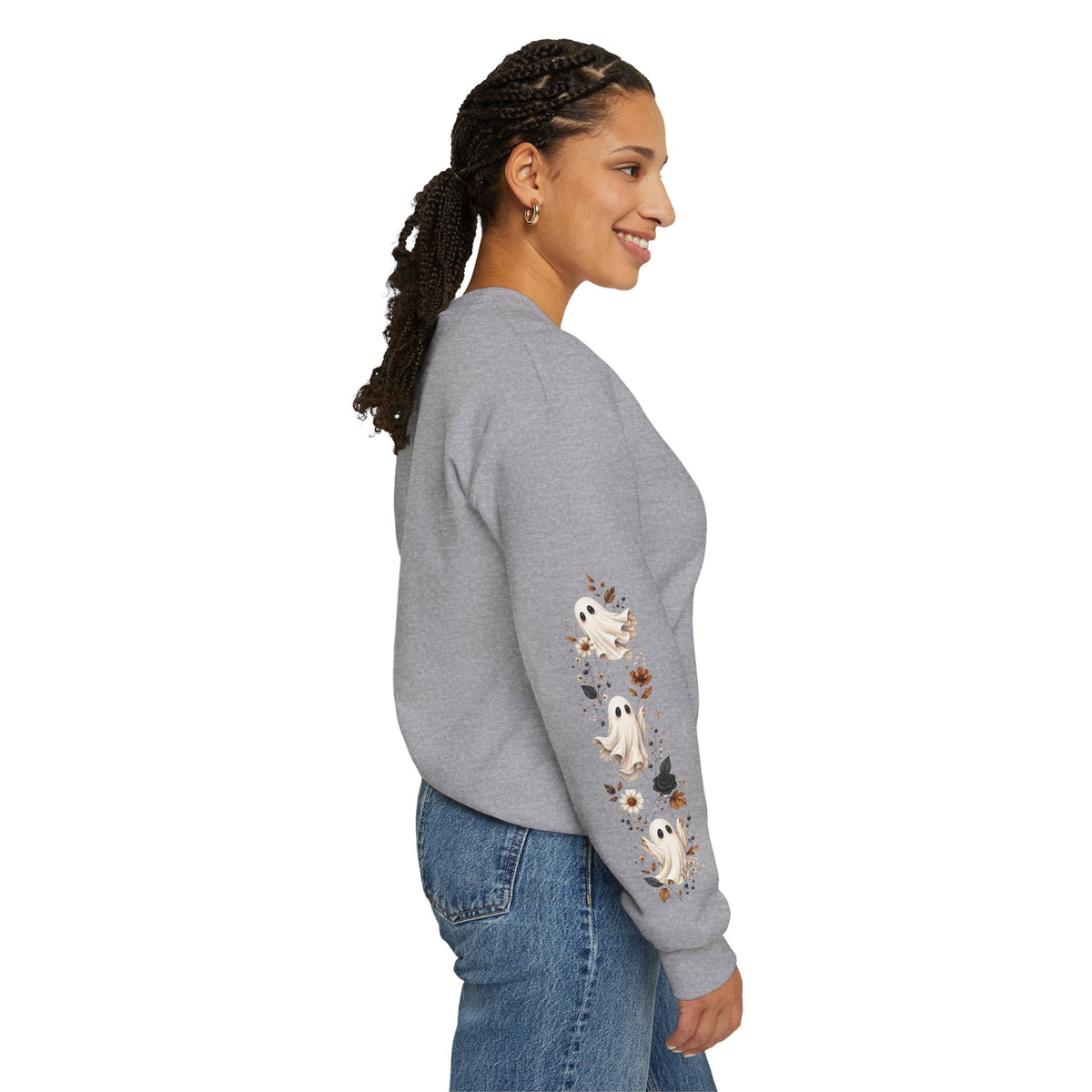 Ghost & Sunflower Crewneck Sweatshirt — Spooky Autumn Floral Pullover