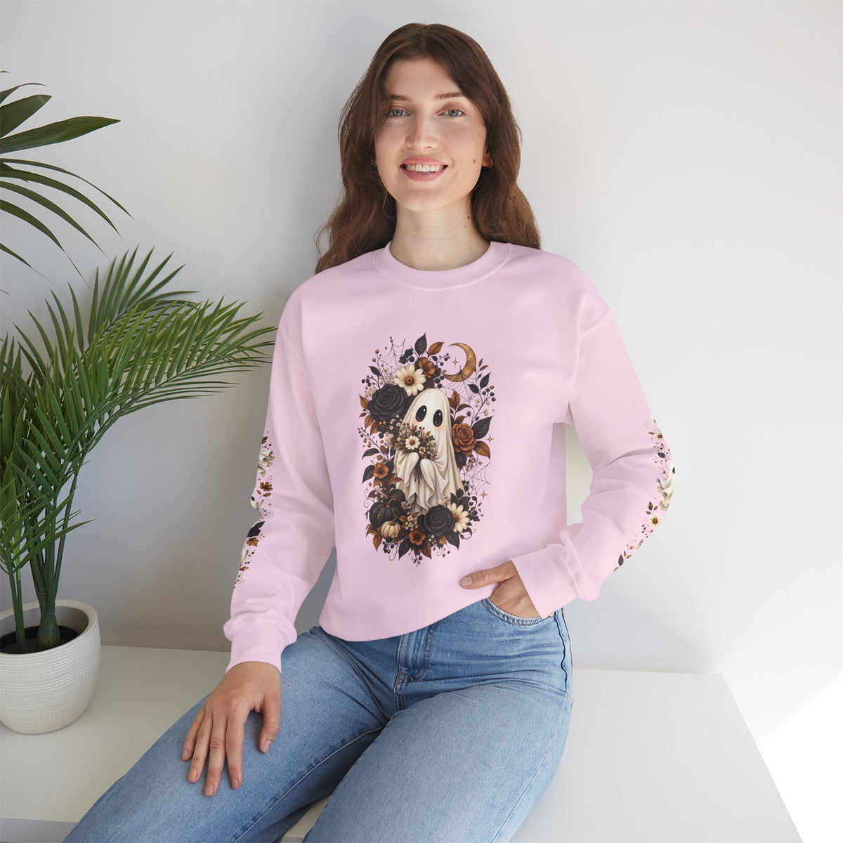 Ghost & Sunflower Crewneck Sweatshirt — Spooky Autumn Floral Pullover