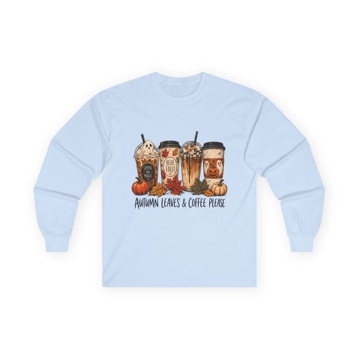 Autumn Leaves & Coffee People Long Sleeve Tee — Cozy Fall Coffee Graphic Shirt