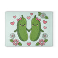 Cute Pickle Couple Glass Cutting Board – Kawaii Pickles with Hearts & Flowers