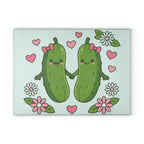 Cute Pickle Couple Glass Cutting Board – Kawaii Pickles with Hearts & Flowers