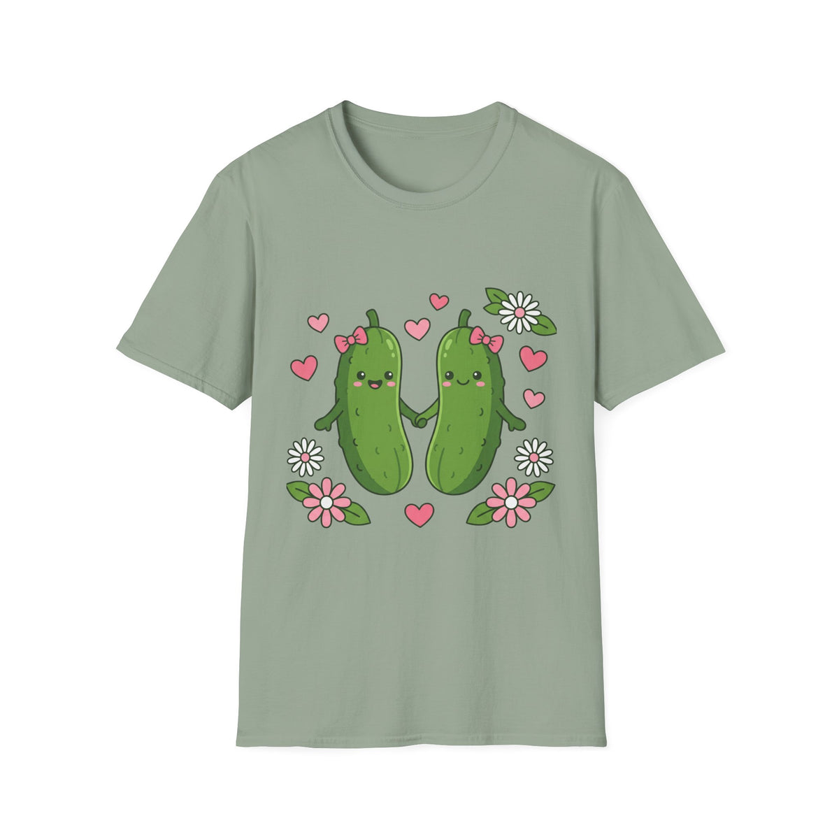 Cute Pickle Couple T-Shirt — Kawaii Matching Pickles with Hearts & Flowers