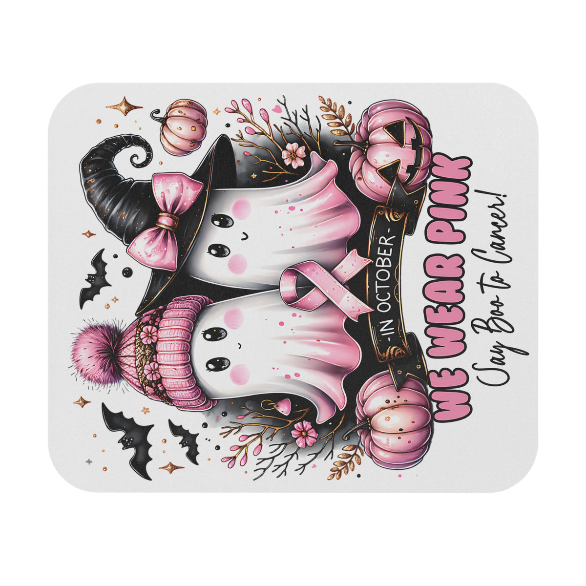 Pink Breast Cancer Awareness Halloween Ghost Mouse Pad — "We Wear Pink"
