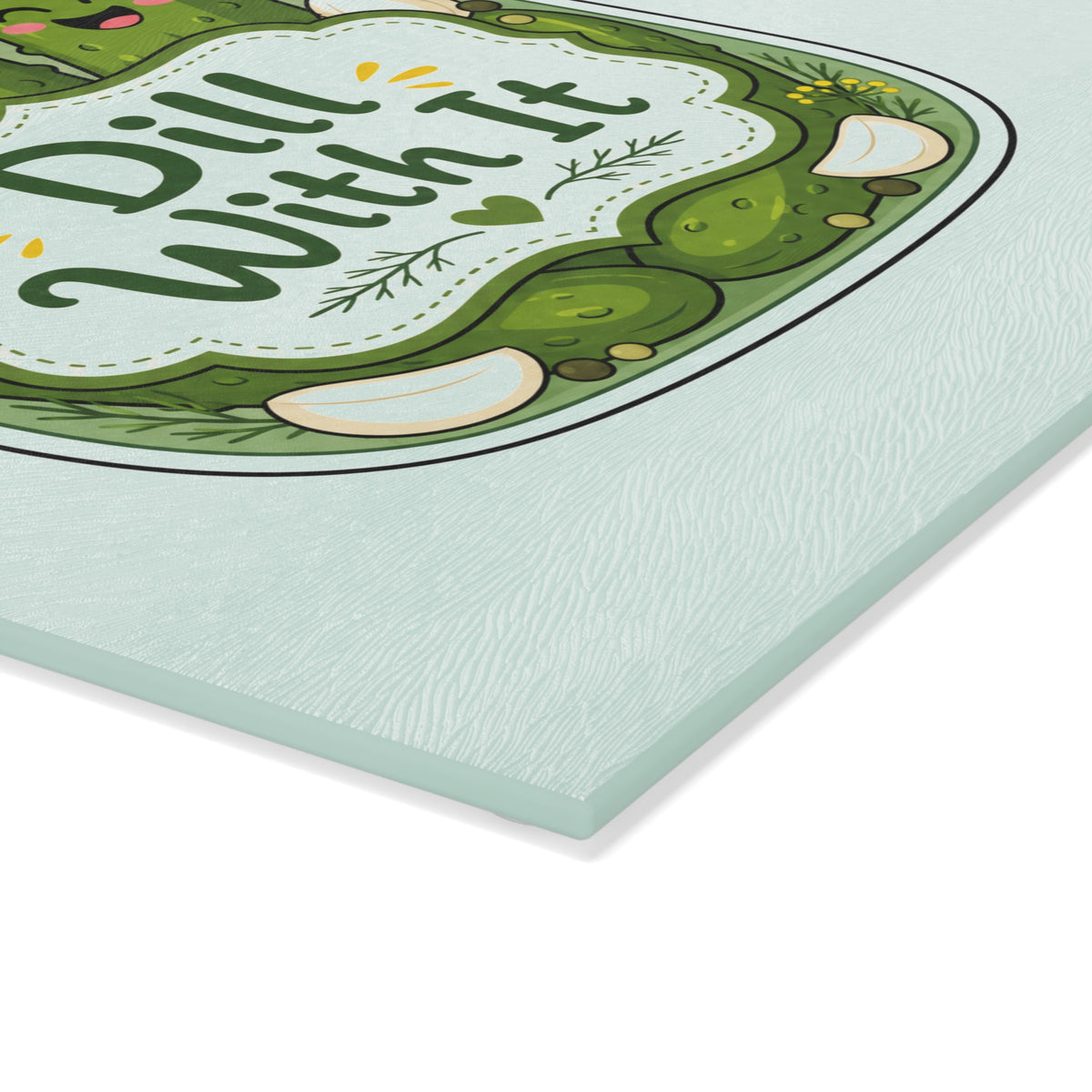 Glass Cutting Board — Cute Pickle Jar Design "Dill With It" (Kitchen Décor, Funny Gift)
