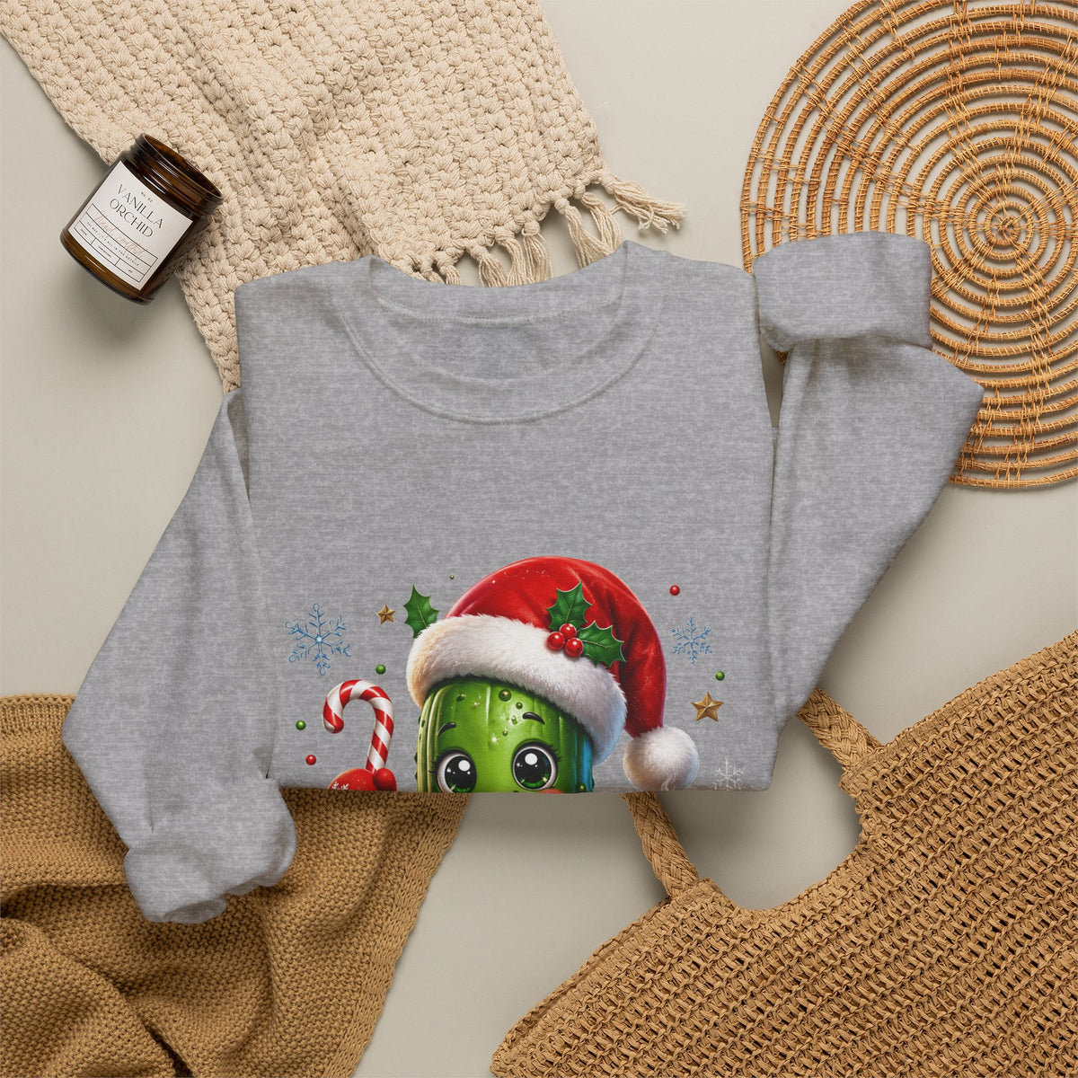 Christmas Pickle Sweatshirt – Cute Santa Hat Pickle with Candy Cane & Hot Cocoa