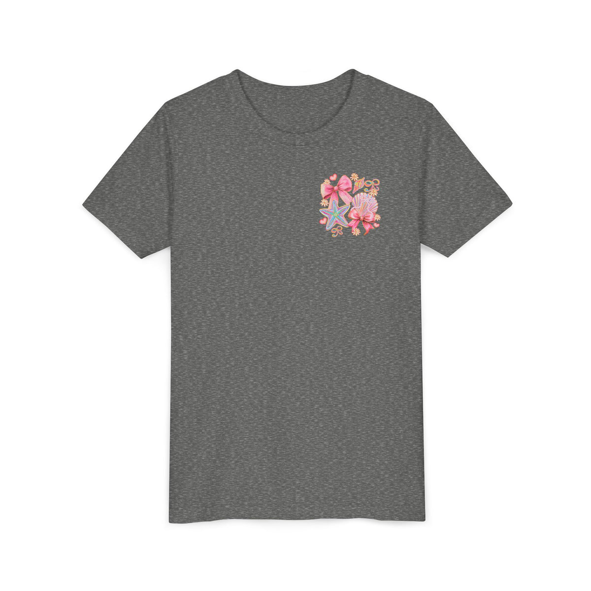 Kids Tee — Pink Seashell & Starfish Bow Graphic Shirt - Front and Back