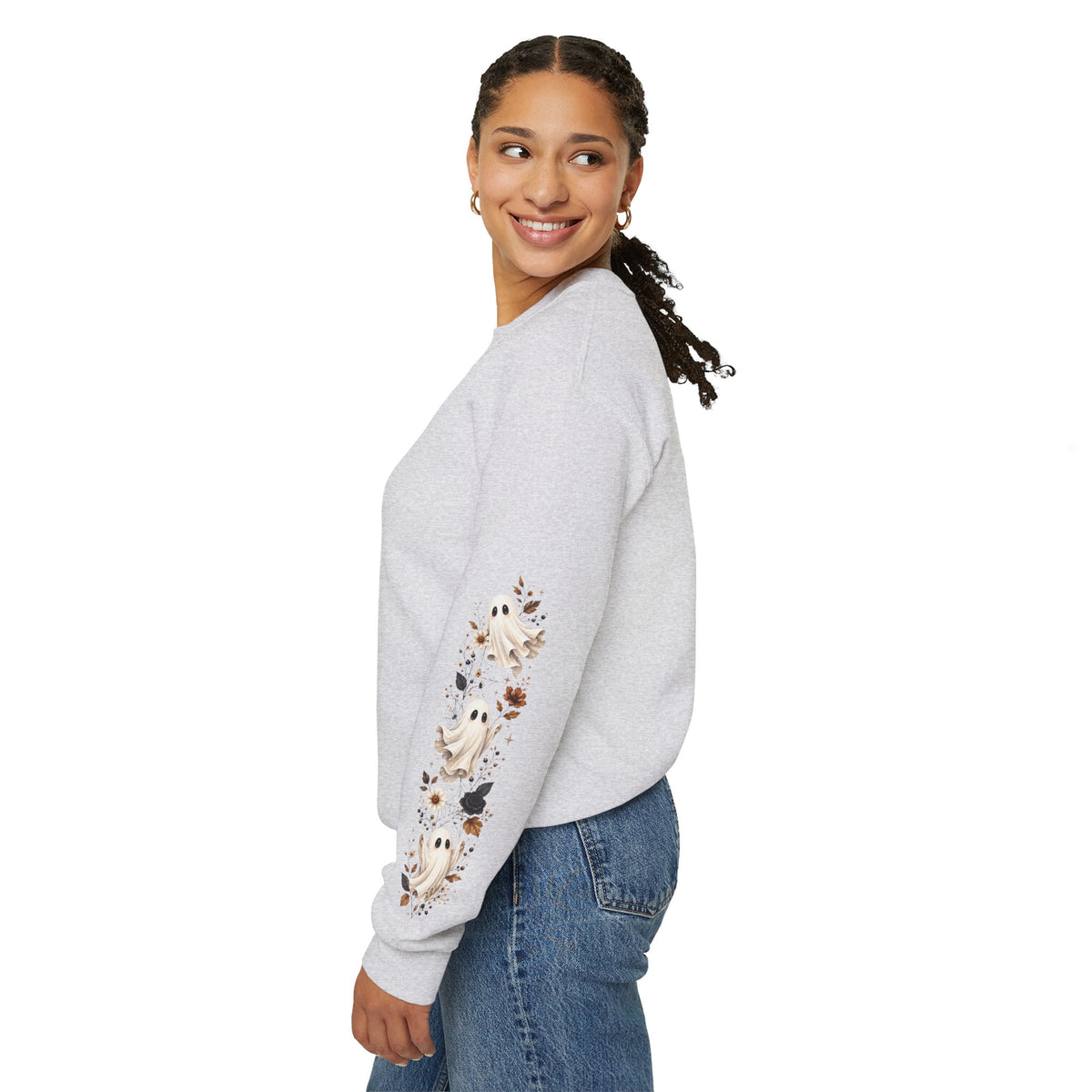 Ghost & Sunflower Crewneck Sweatshirt — Spooky Autumn Floral Pullover