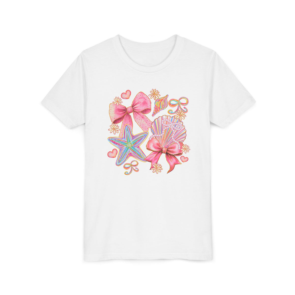 Kids Tee — Pink Seashells & Bows Beach Graphic