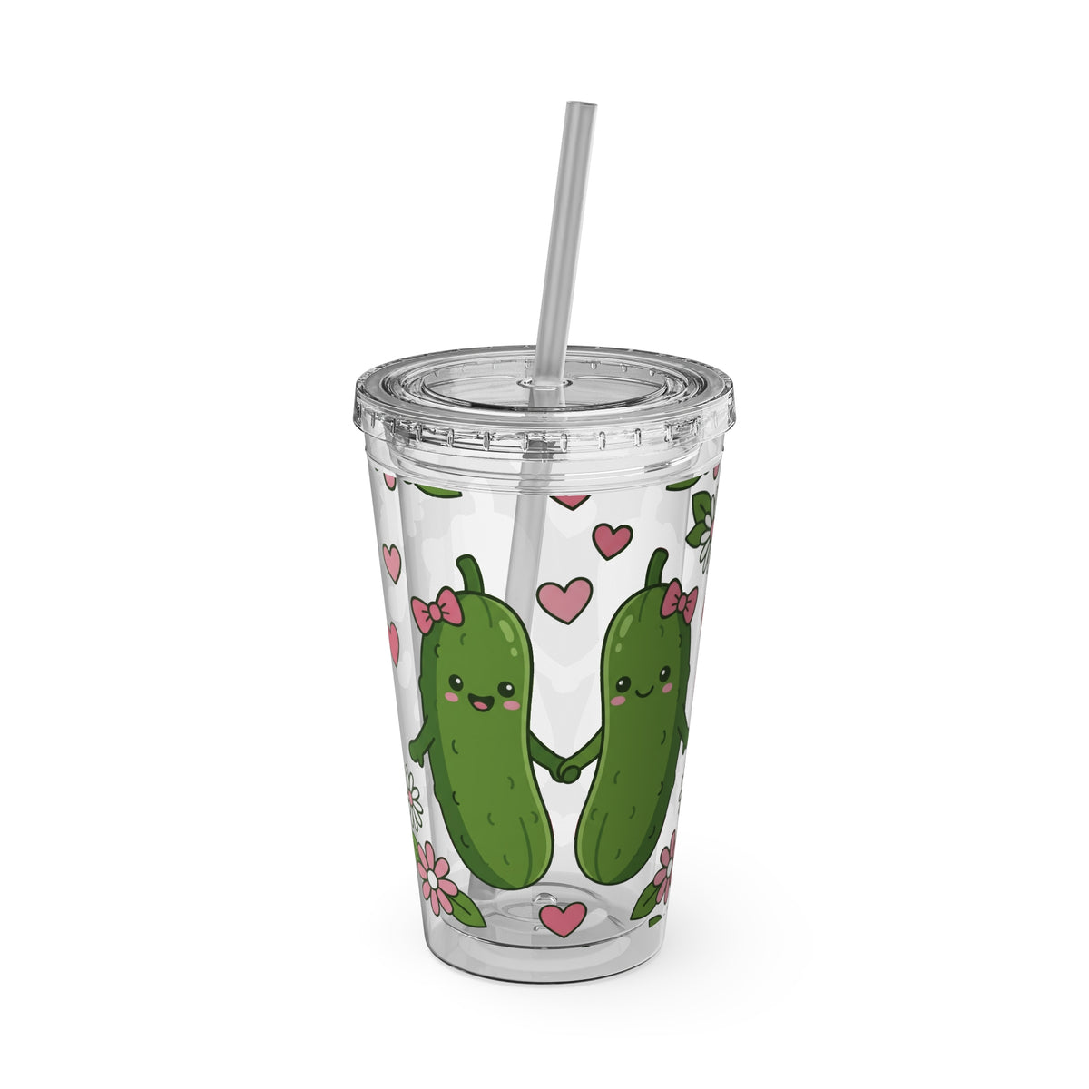 Full Wrap - Cute Pickle Love 16oz Tumbler with Straw — Floral Heart Kawaii Drink Cup