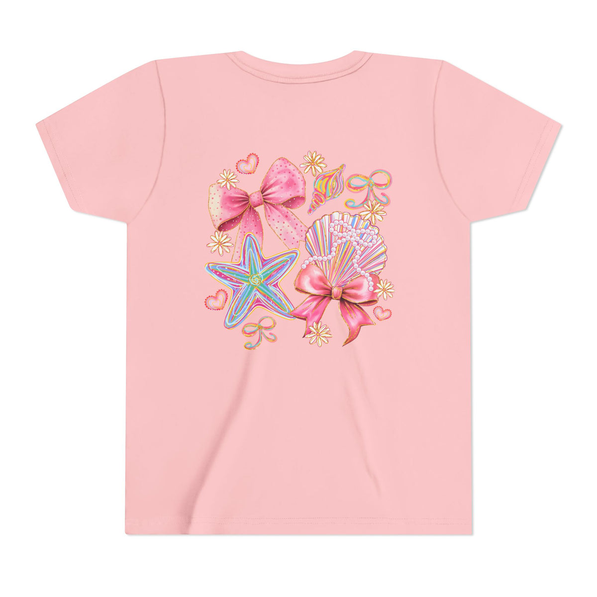 Kids Tee — Pink Seashell & Starfish Bow Graphic Shirt - Front and Back