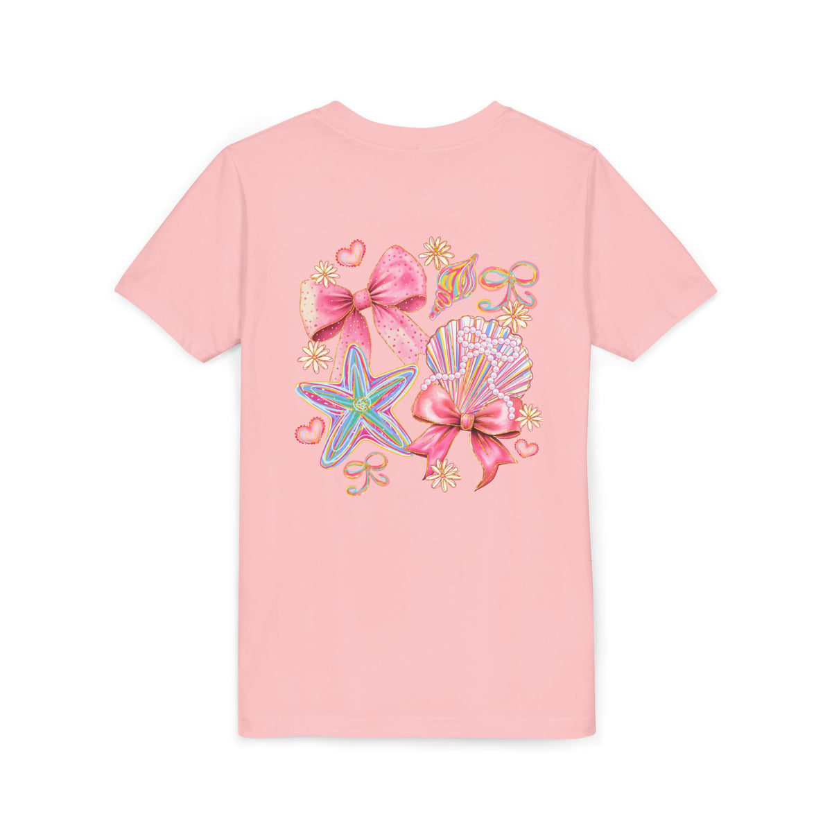 Kids Tee — Pink Seashell & Starfish Bow Graphic Shirt - Front and Back