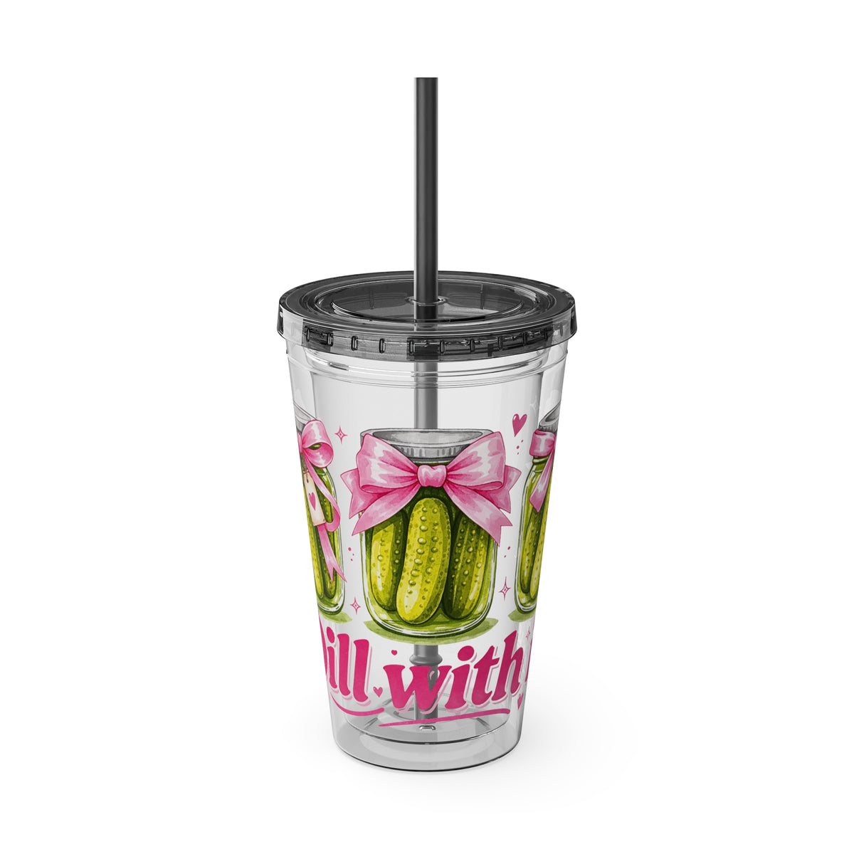 Larger Wrap - Dill With It Tumbler - 16oz Clear Plastic Cup with Straw (Cute Pickle Design)