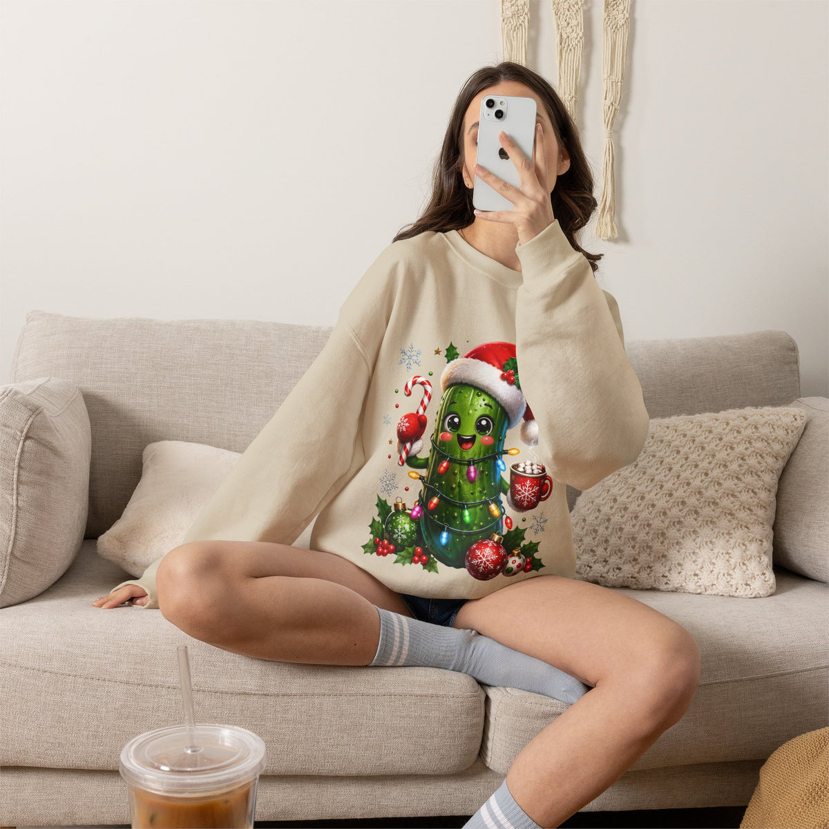 Christmas Pickle Sweatshirt – Cute Santa Hat Pickle with Candy Cane & Hot Cocoa