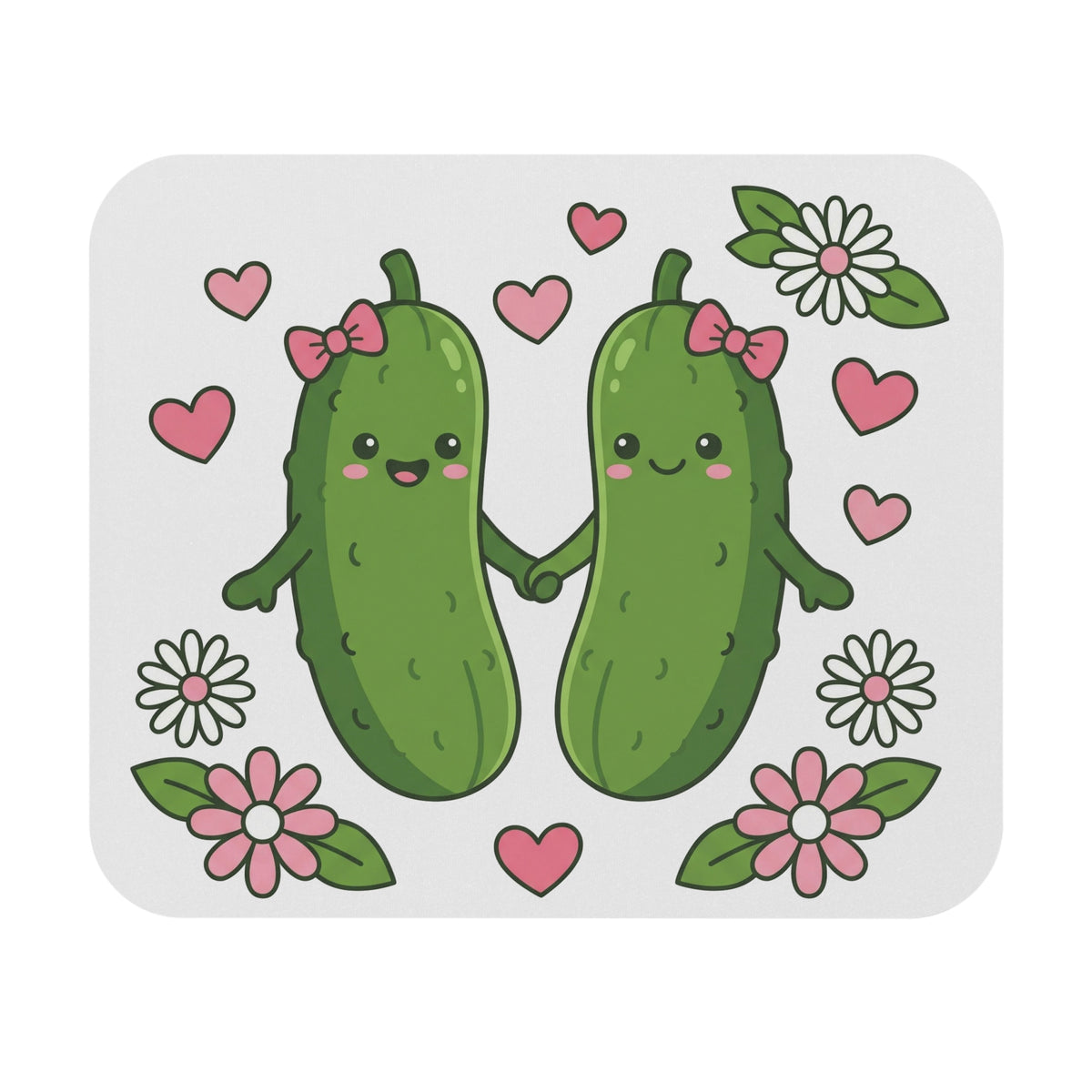 Cute Pickle Couple Mouse Pad — Kawaii Pickles with Hearts & Flowers