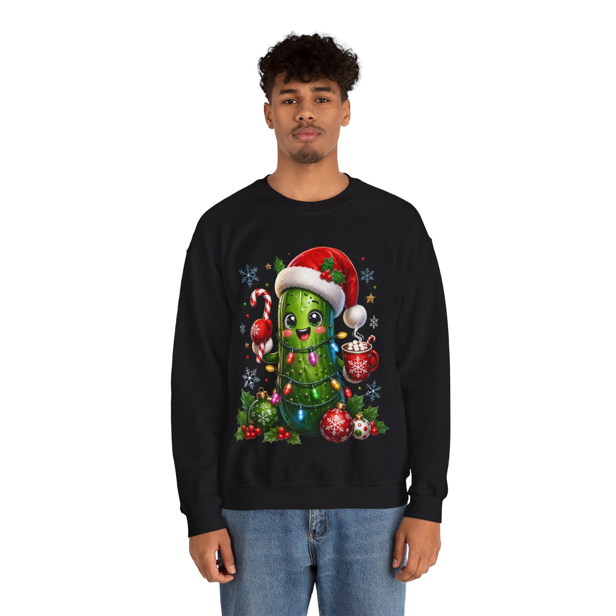 MD - Christmas Pickle Sweatshirt – Cute Holiday Pickle in Santa Hat with Candy Cane & Hot Cocoa