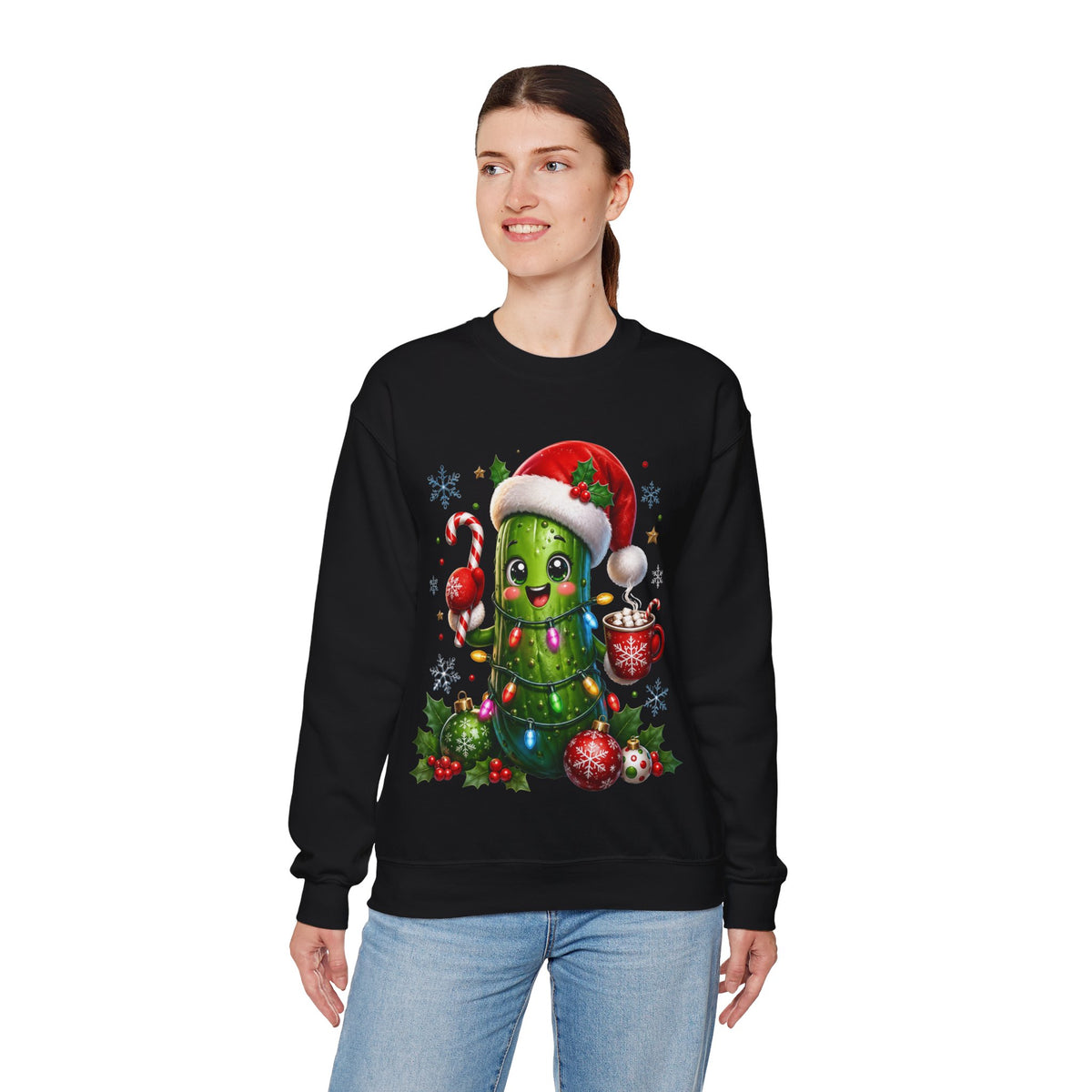 MD - Christmas Pickle Sweatshirt – Cute Holiday Pickle in Santa Hat with Candy Cane & Hot Cocoa