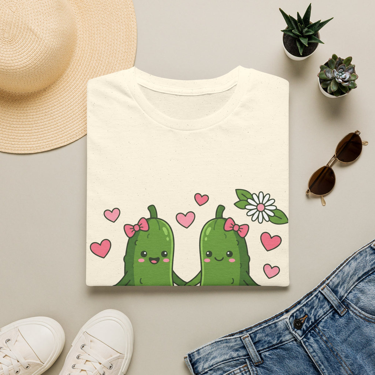 Cute Pickle Couple T-Shirt — Kawaii Matching Pickles with Hearts & Flowers