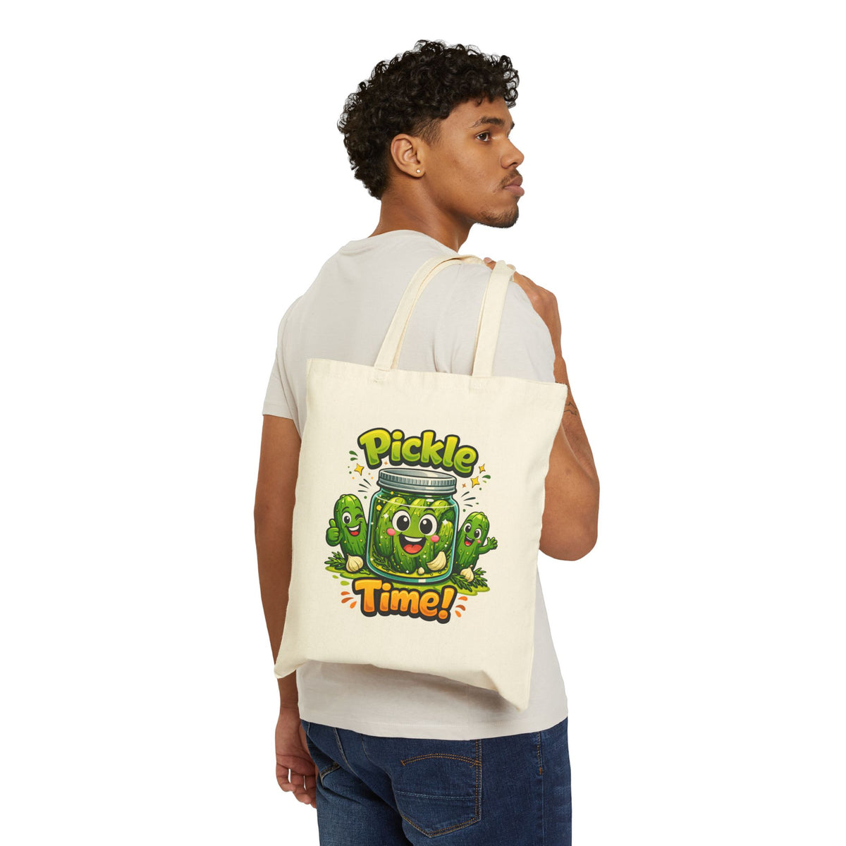 Tote Bag — Cute 'Pickle Time!' Cartoon Jar Canvas Tote (Funny Food Lover Gift)
