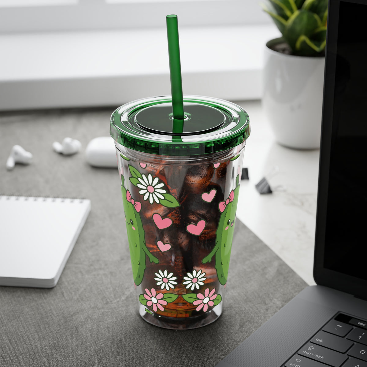 Full Wrap - Cute Pickle Love 16oz Tumbler with Straw — Floral Heart Kawaii Drink Cup
