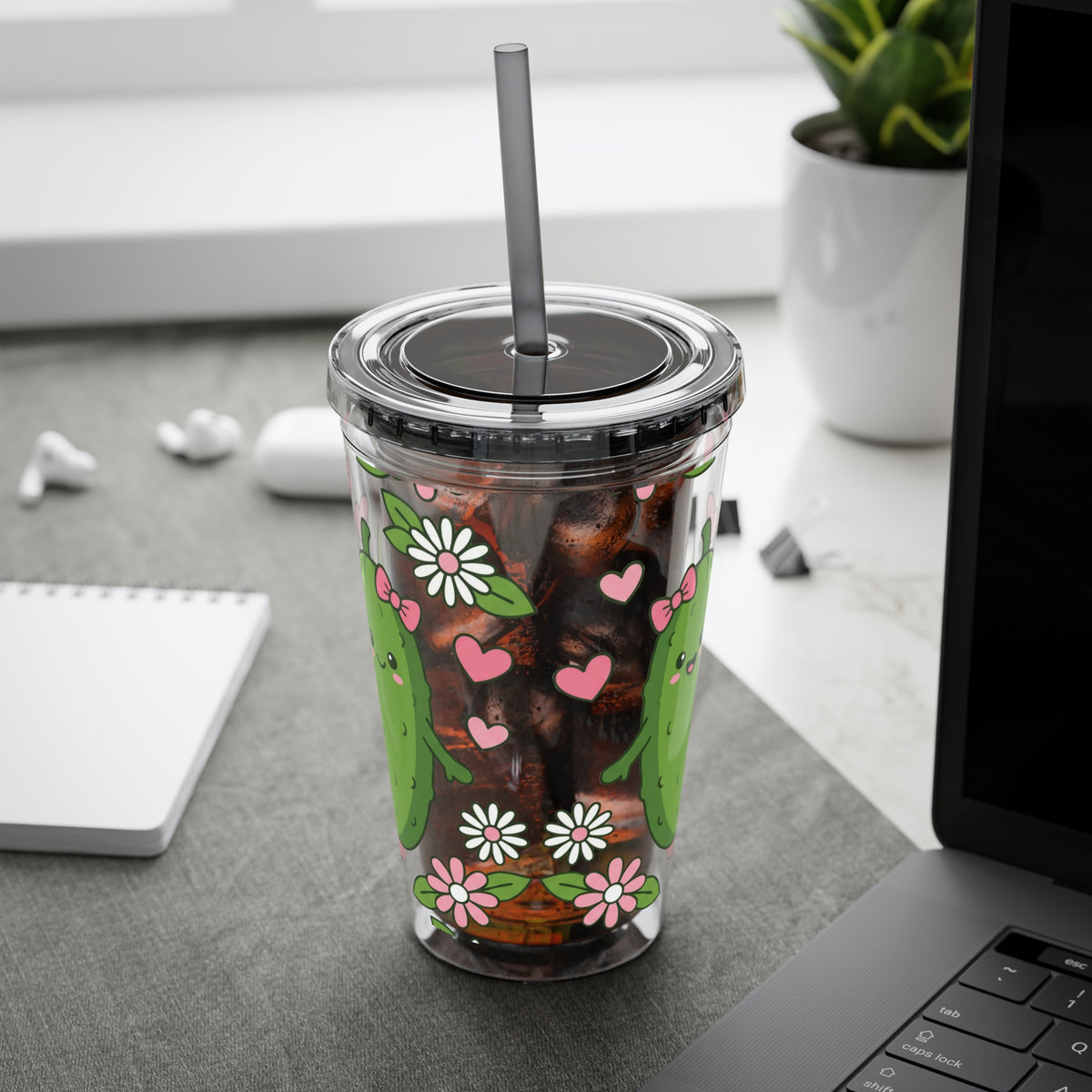 Full Wrap - Cute Pickle Love 16oz Tumbler with Straw — Floral Heart Kawaii Drink Cup