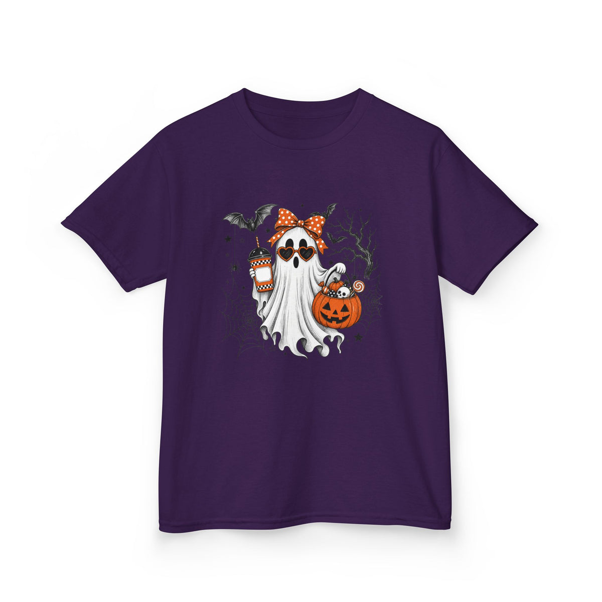Kids Halloween Ghost Tee – Cute Pumpkin, Bat & Spiderweb Trick-or-Treat Design