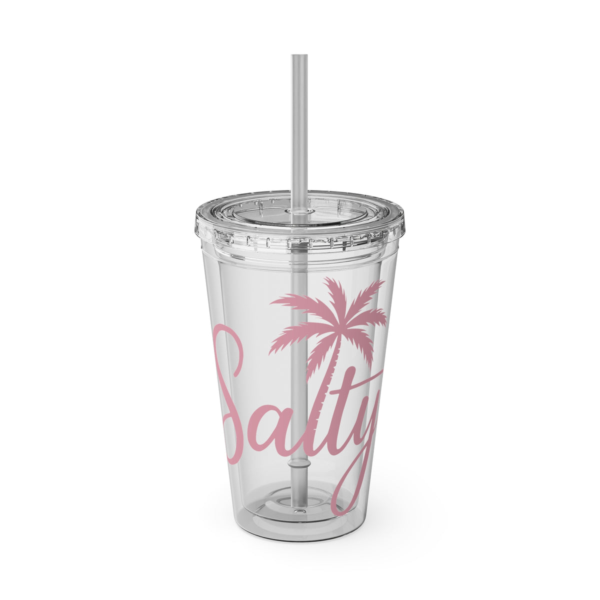 16oz Salty Palm Tumbler with Straw – Clear Beach-Inspired Reusable Cup