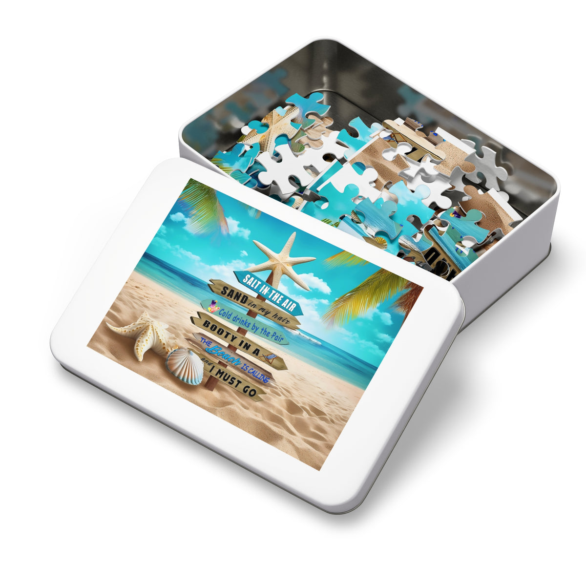 Beach Signpost Jigsaw Puzzle with Tin — 'Salt in the Air, Sand in My Hair' Seaside Puzzle Gift