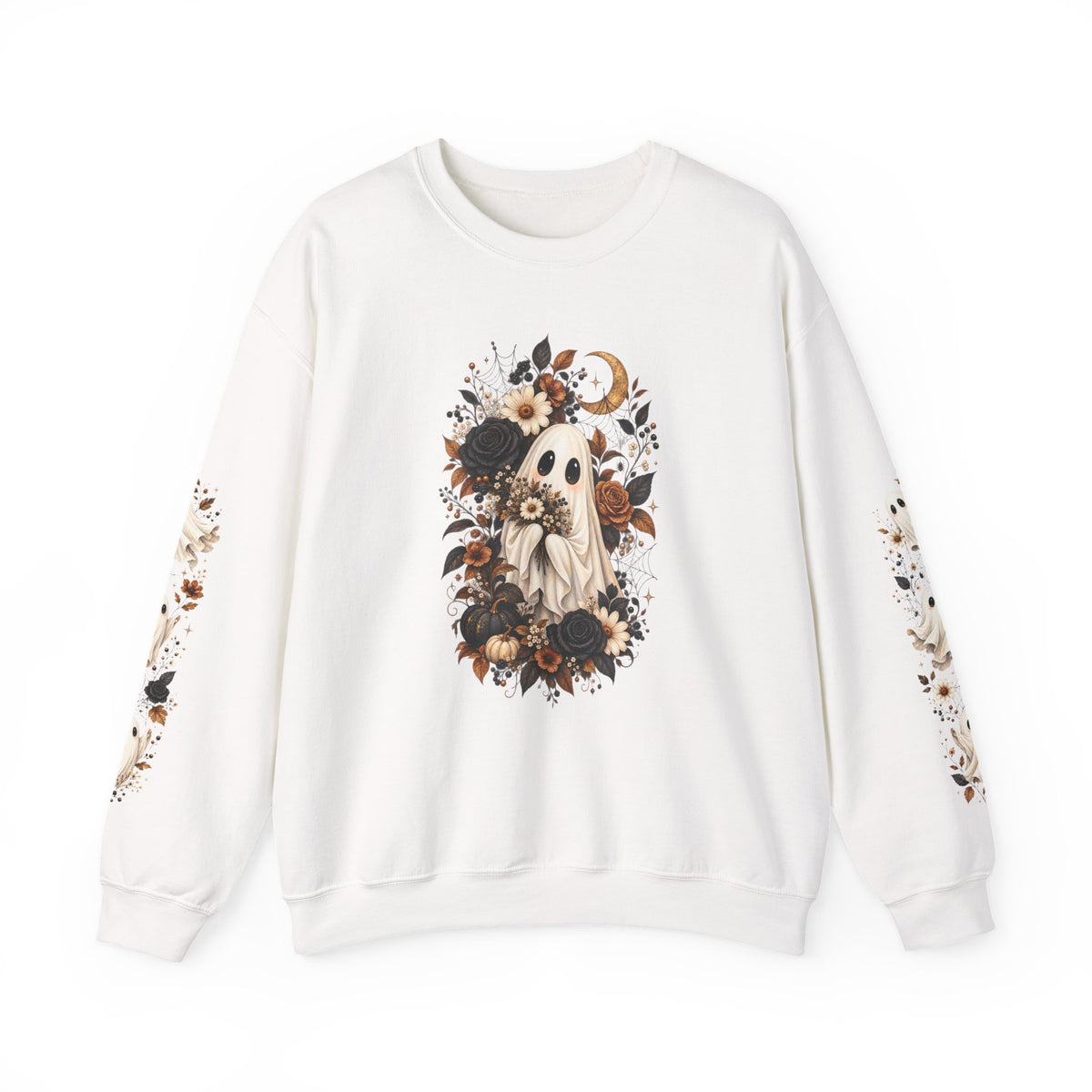 Ghost & Sunflower Crewneck Sweatshirt — Spooky Autumn Floral Pullover