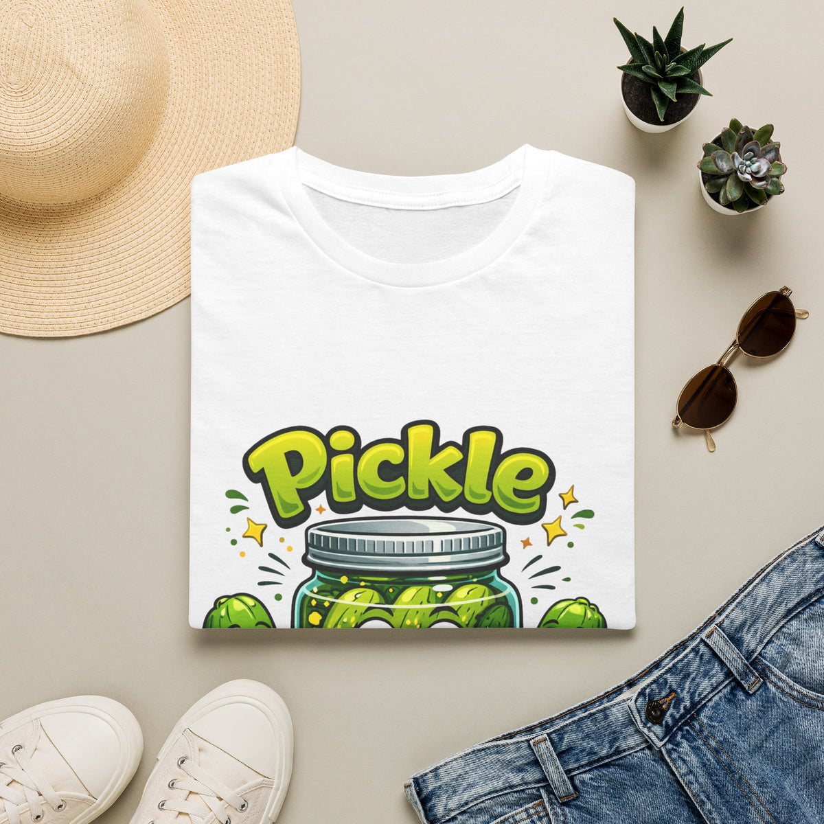 MD - Pickle Time T-Shirt — Cute Cartoon Pickle Jar Graphic Tee