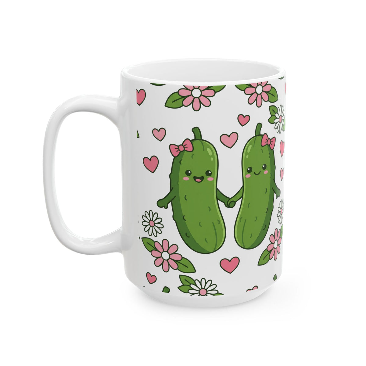 Cute Pickle Couple Mug — Kawaii Pickles with Hearts & Flowers (11oz/15oz)