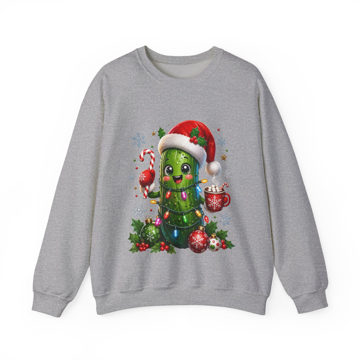 Christmas Pickle Sweatshirt – Cute Santa Hat Pickle with Candy Cane & Hot Cocoa